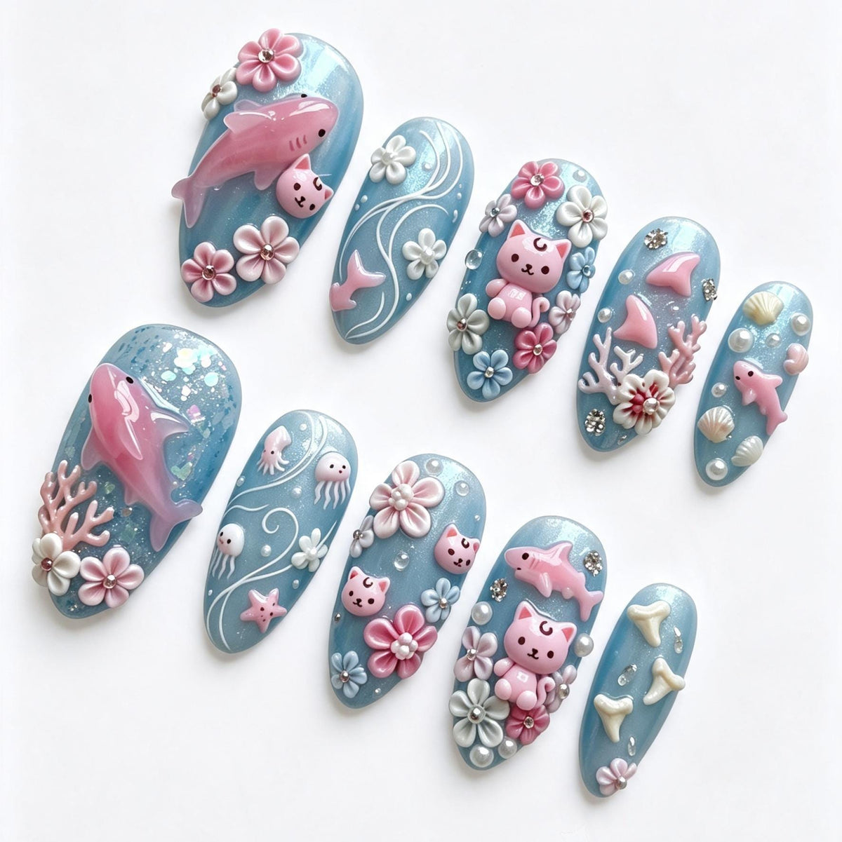 Pastel Ocean Press On Nails With Pink Sharks, Sea Motifs and 3D Flowers
