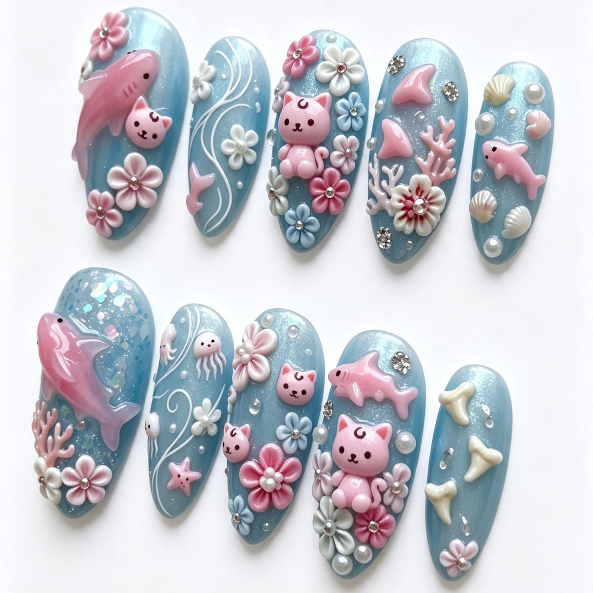 Pastel Ocean Press On Nails With Pink Sharks, Sea Motifs and 3D Flowers