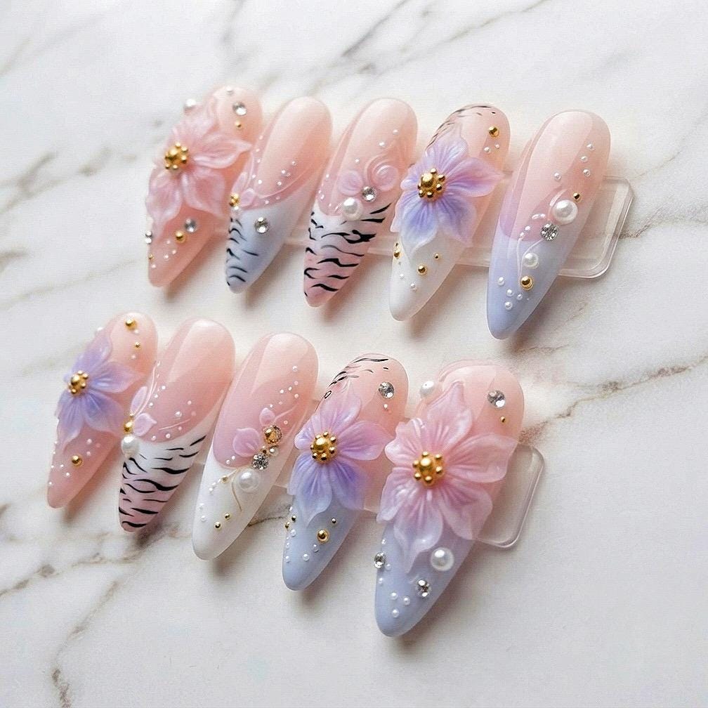 Pastel Pink and Lavender Floral Zebra French Tip Press-On Nails