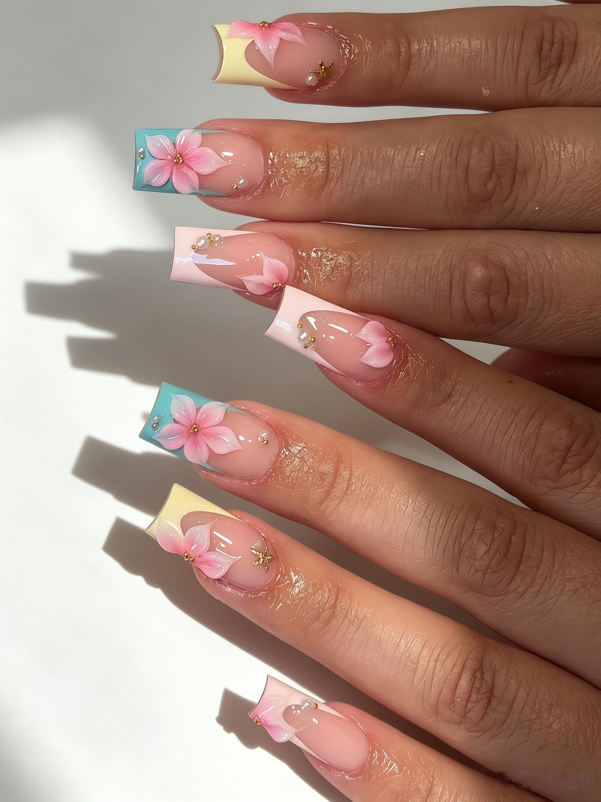 Pastel Pink French Tip Nails With 3D Flowers, Rhinestones & Gold Accents