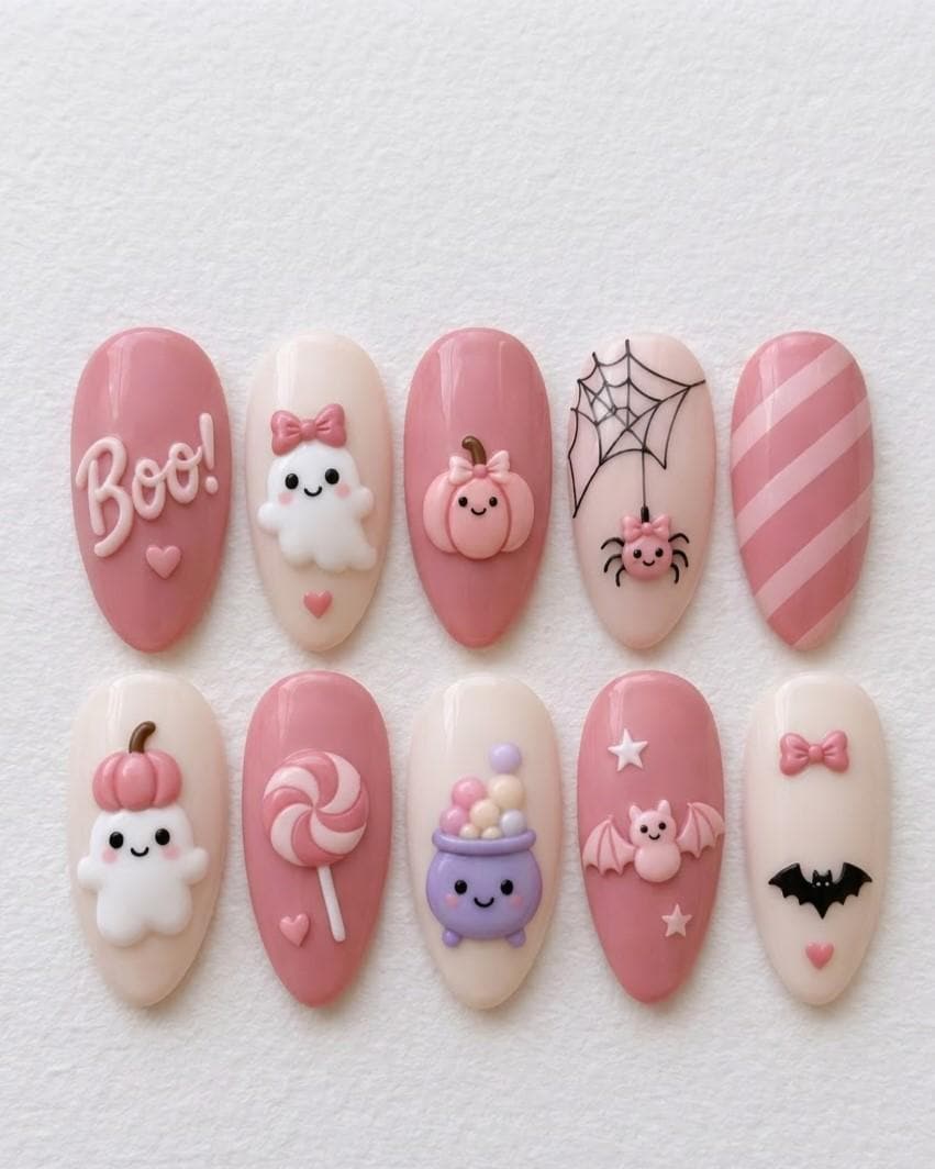 Pastel Pink Halloween Nails With 3D Ghosts, Pumpkins, Bats and Candy