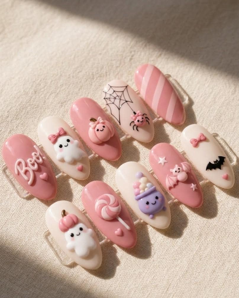 Pastel Pink Halloween Nails With 3D Ghosts, Pumpkins, Bats and Candy