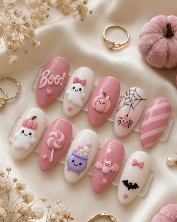 Pastel Pink Halloween Nails With 3D Ghosts, Pumpkins, Bats and Candy