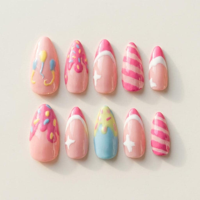 Pastel Pink Ice Cream Drip French Tip Press On Nail Set With Stars and Sprinkles for Birthdays