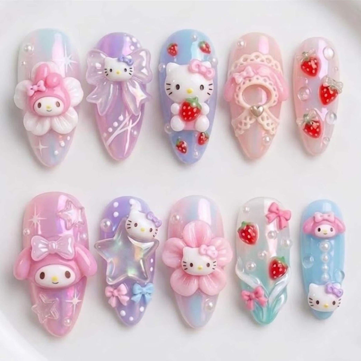 Pastel Pink, Lavender & Blue 3D Character Nails With Bows and Strawberries