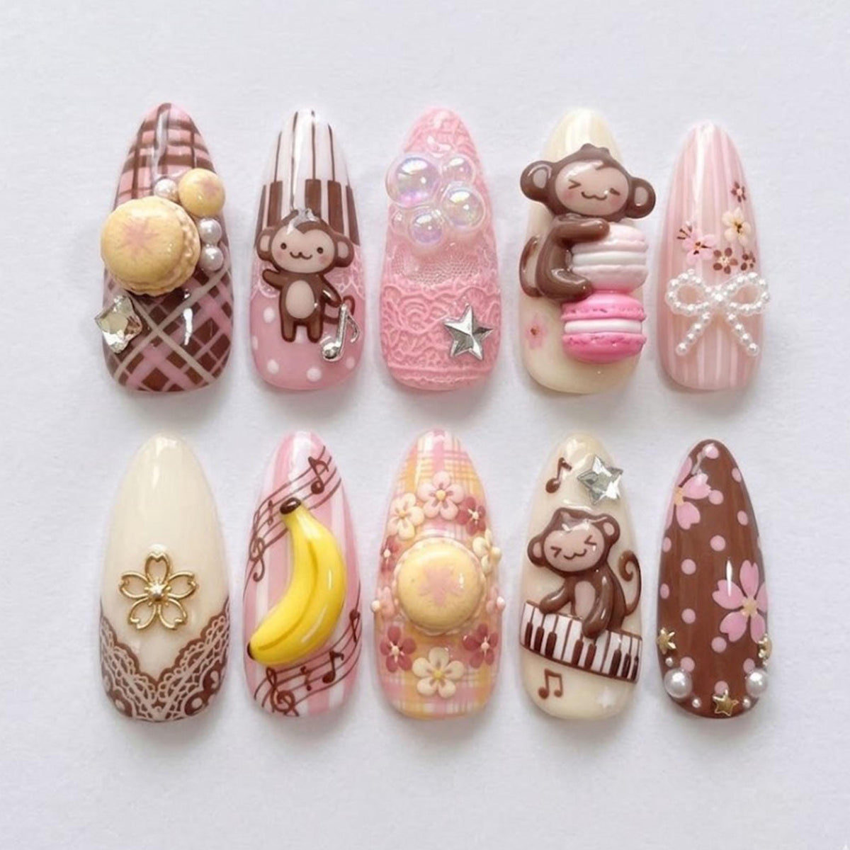 Pastel Pink Monkey and Music Nail Set with 3D Bananas, Macarons, and Piano Keys