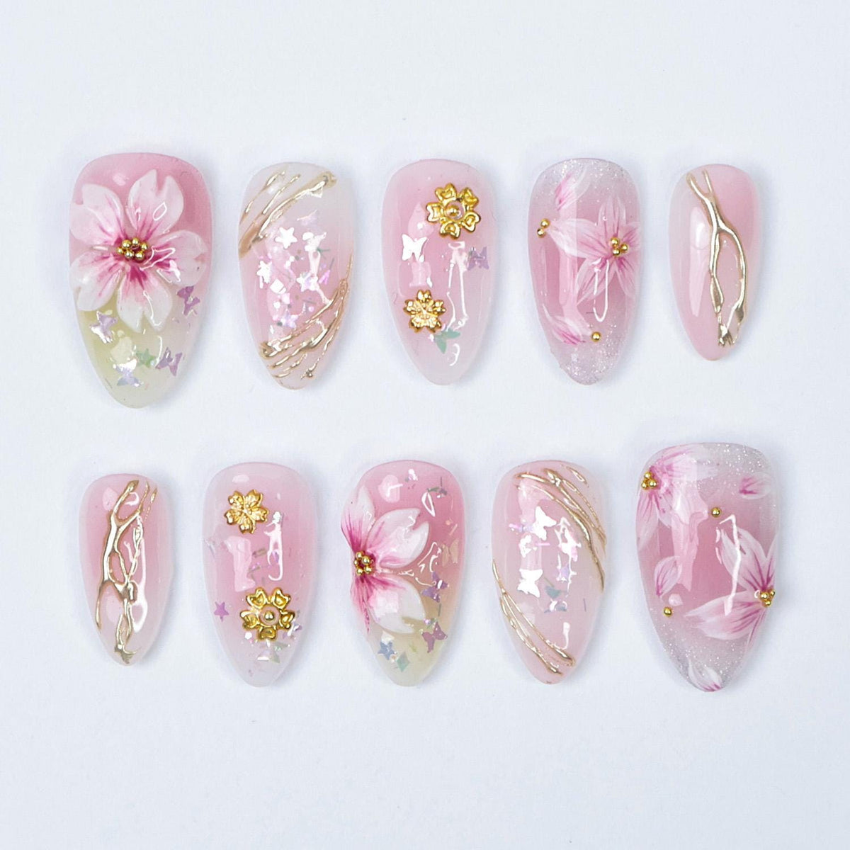 Pastel Pink Sakura Press On Nails With Gold Details
