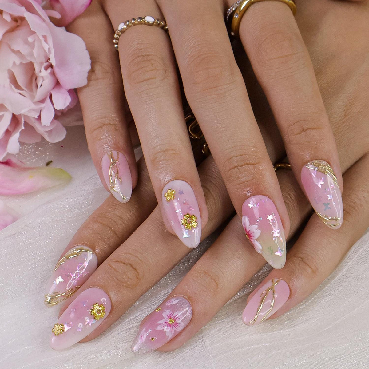 Pastel Pink Sakura Press On Nails With Gold Details