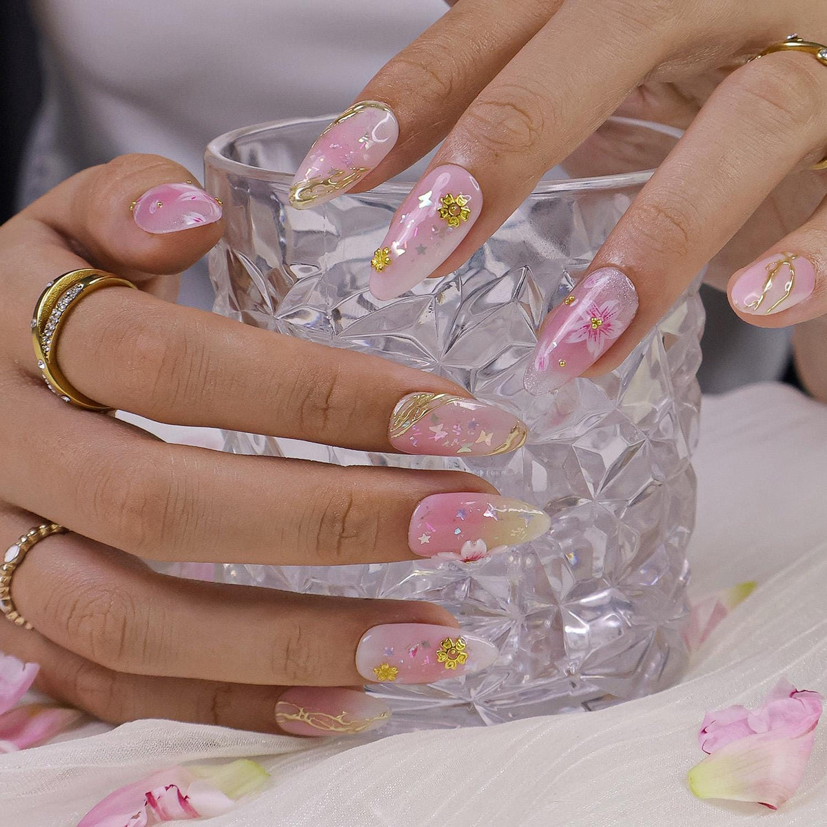 Pastel Pink Sakura Press On Nails With Gold Details