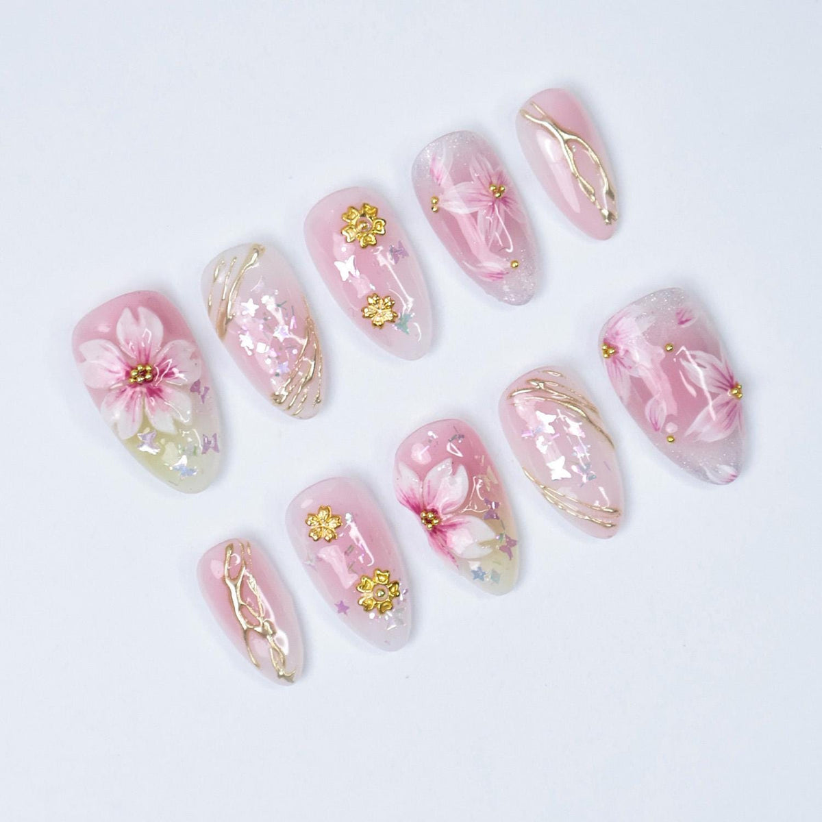 Pastel Pink Sakura Press On Nails With Gold Details