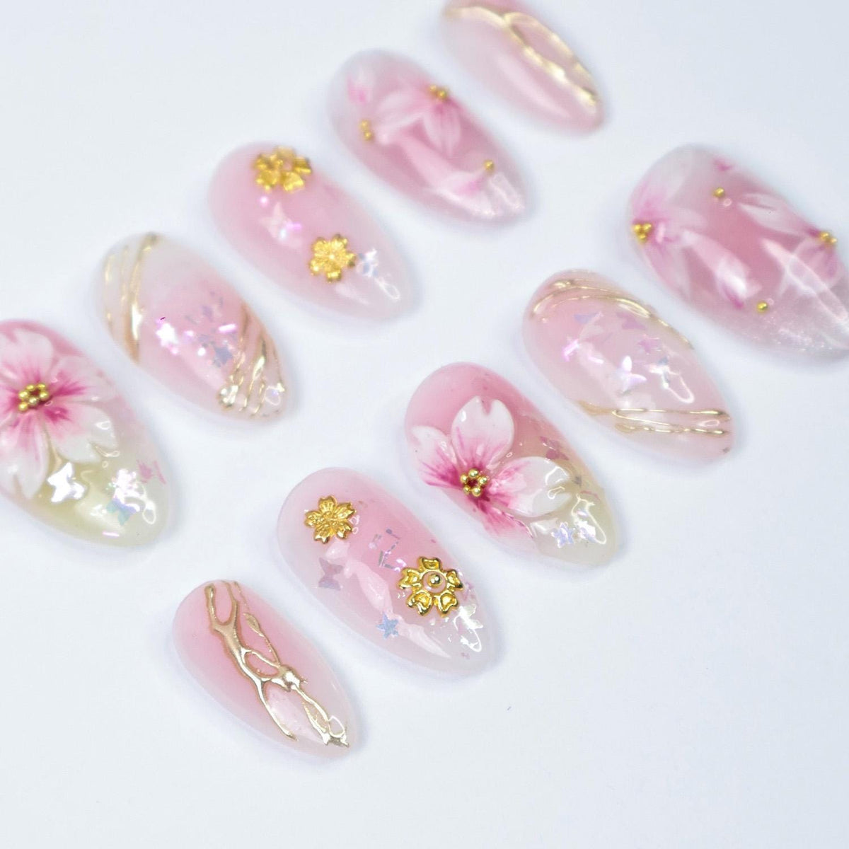 Pastel Pink Sakura Press On Nails With Gold Details