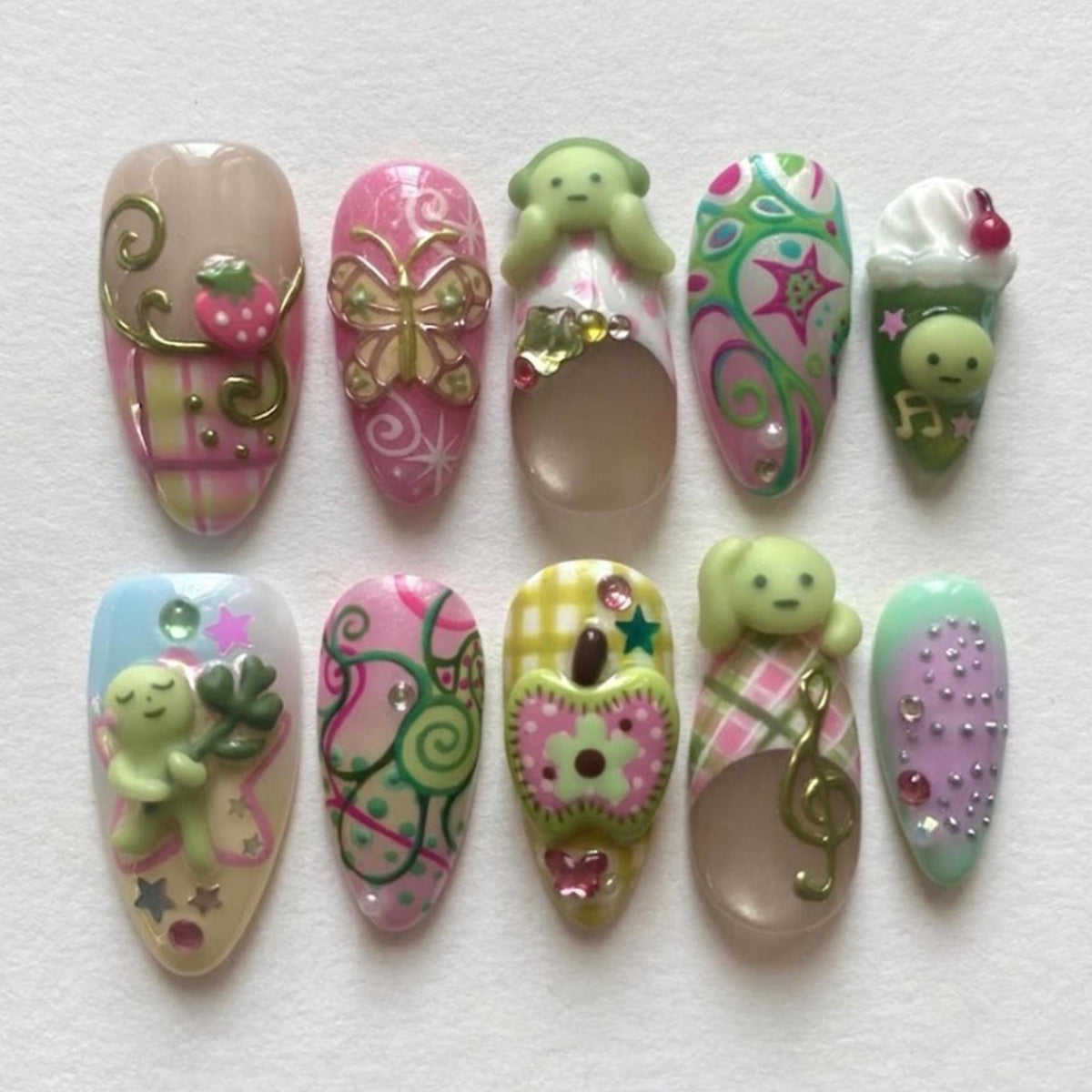 Pastel Plaid 3D Character Press On Nails With Butterfly and Swirl Details
