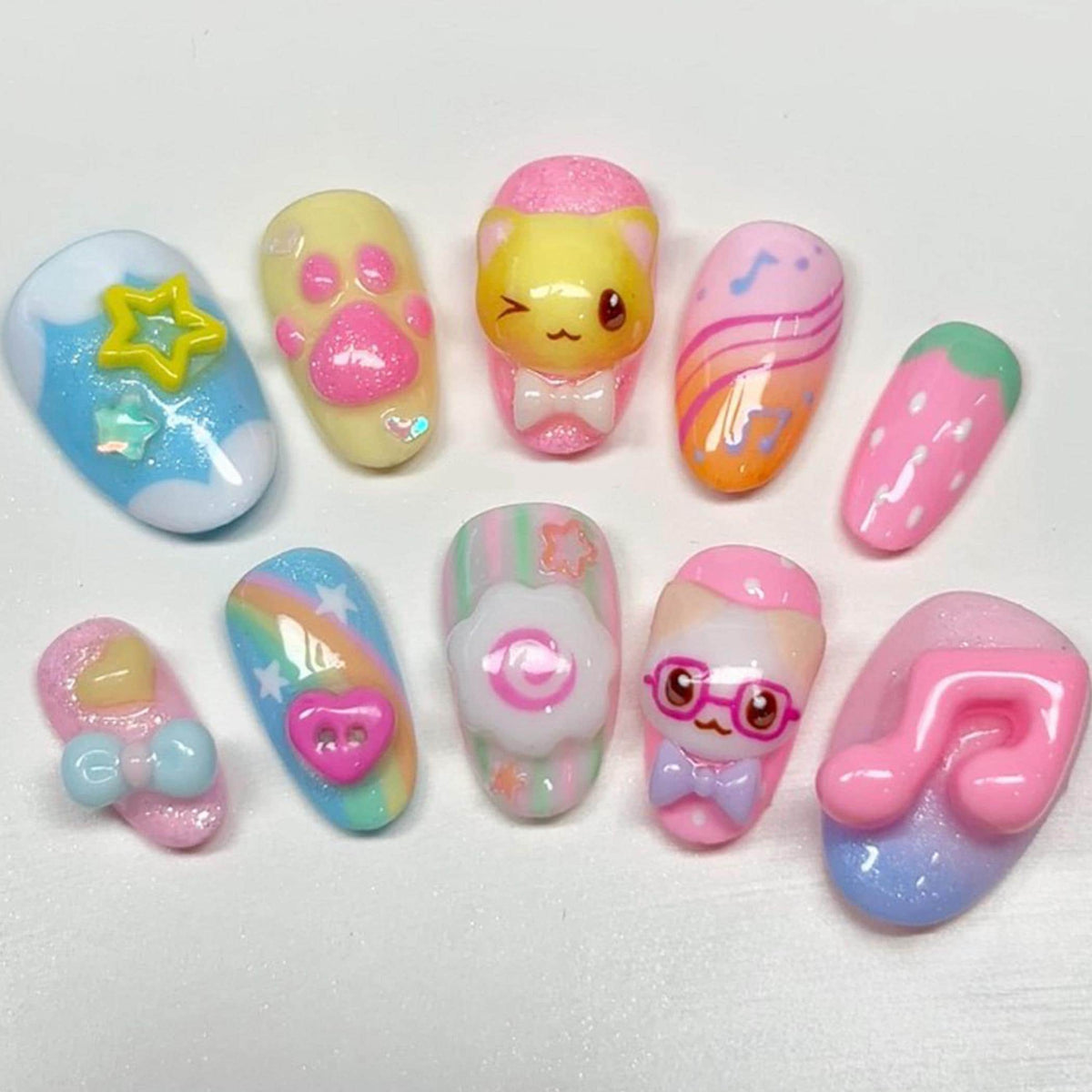 Pastel Rainbow Cat Nails with 3D Star, Hearts, and Playful Face Art