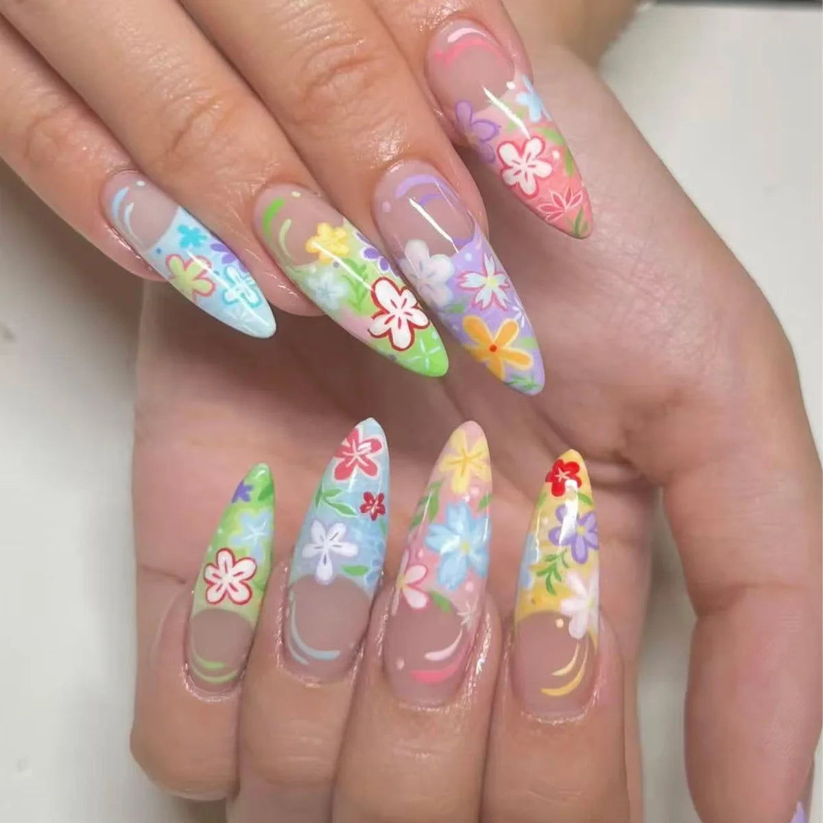 Pastel Rainbow Floral French Tip Press-On Nails