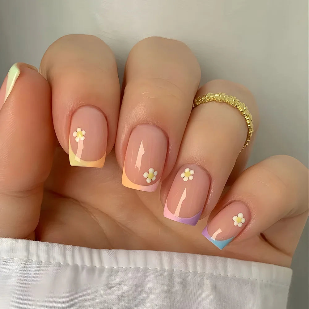 Pastel Rainbow French Tip Daisy Press On Nails