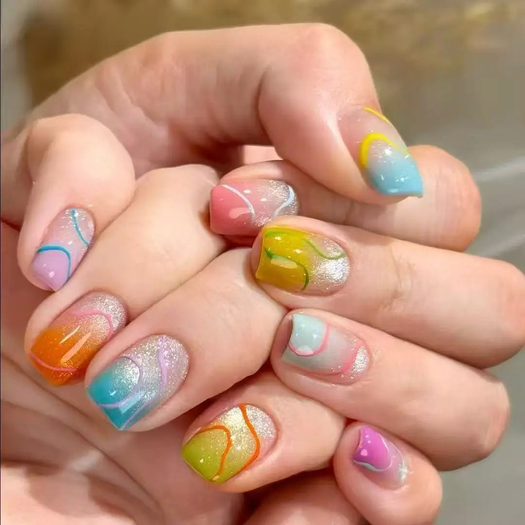 Pastel Rainbow Glitter Abstract Press On Nails