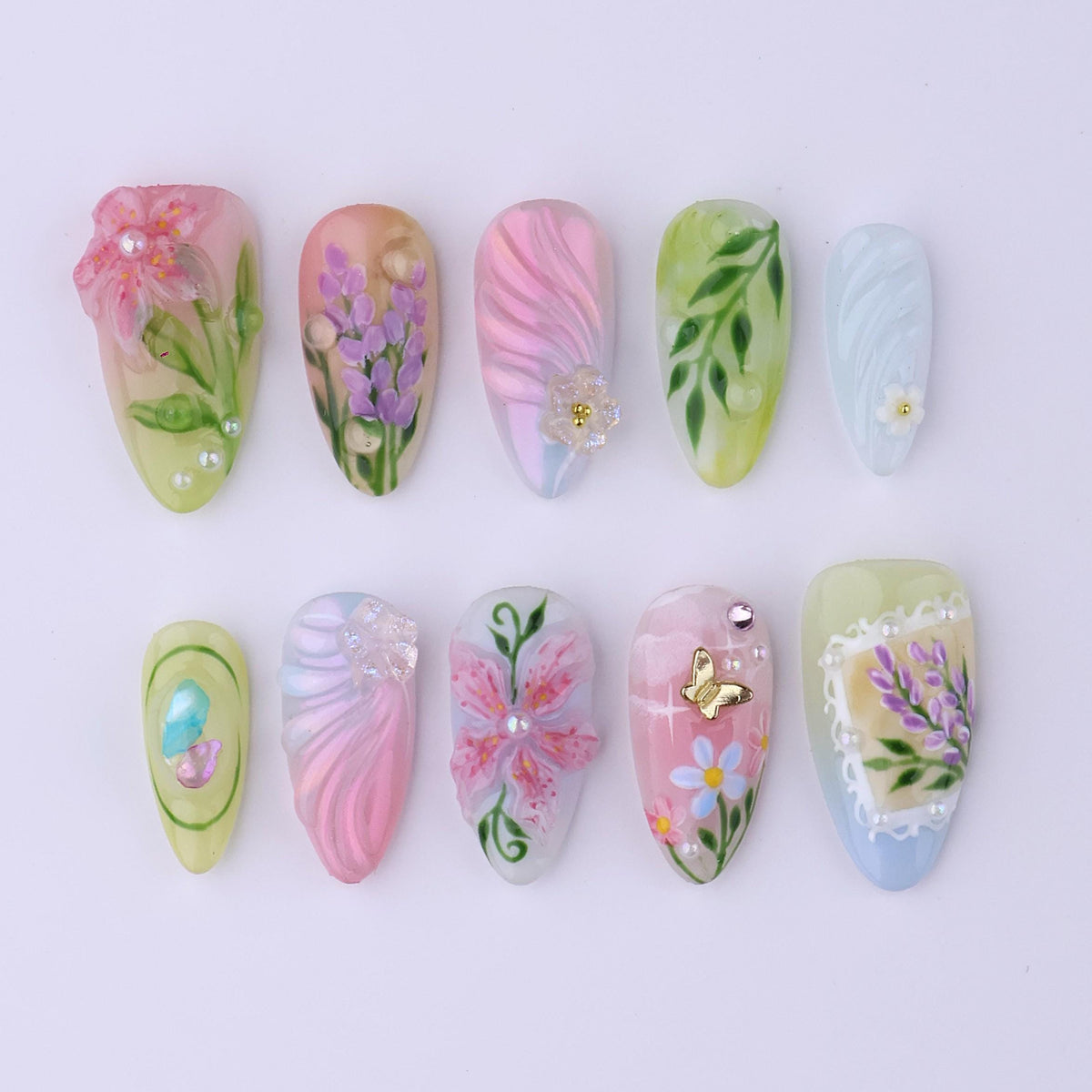 Pastel Spring Garden Floral Press On Nails with Butterfly Charm