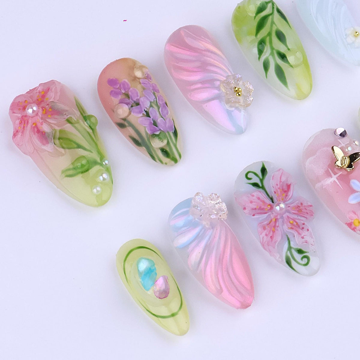Pastel Spring Garden Floral Press On Nails with Butterfly Charm