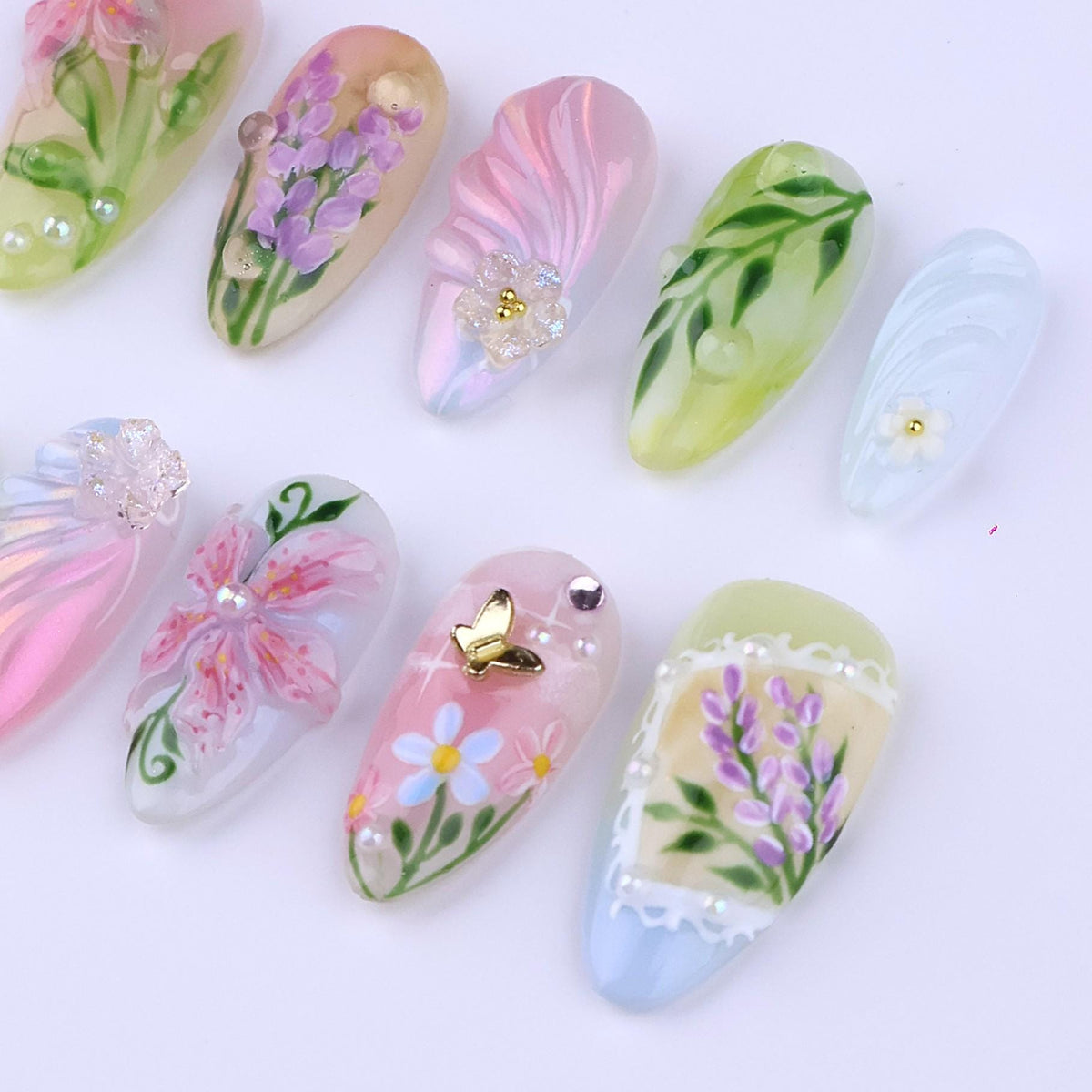 Pastel Spring Garden Floral Press On Nails with Butterfly Charm