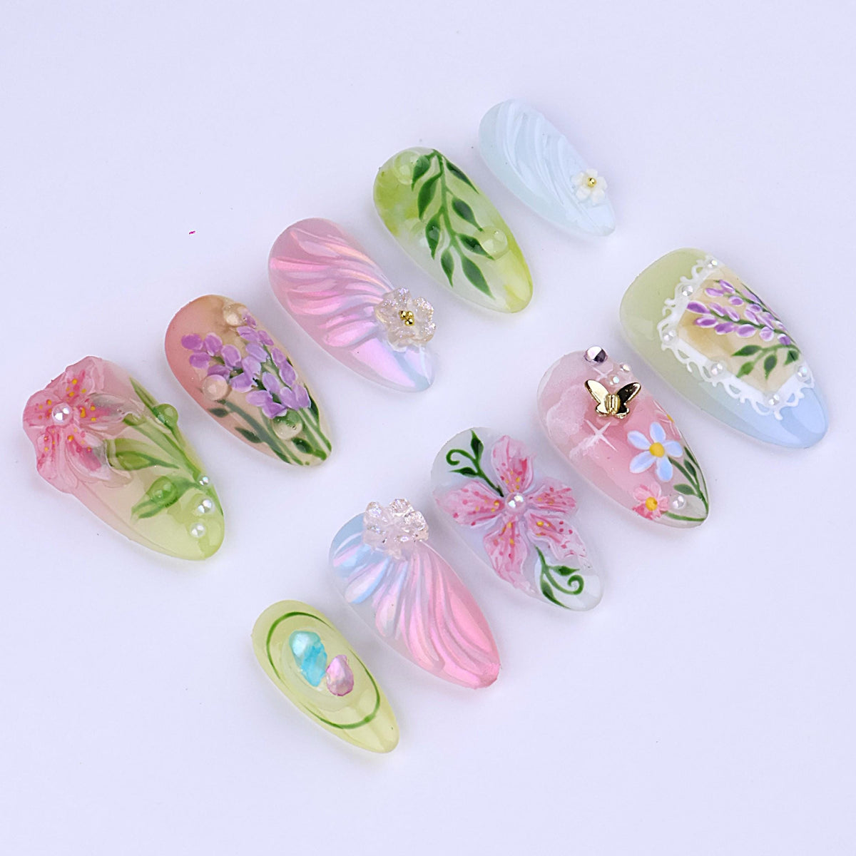 Pastel Spring Garden Floral Press On Nails with Butterfly Charm