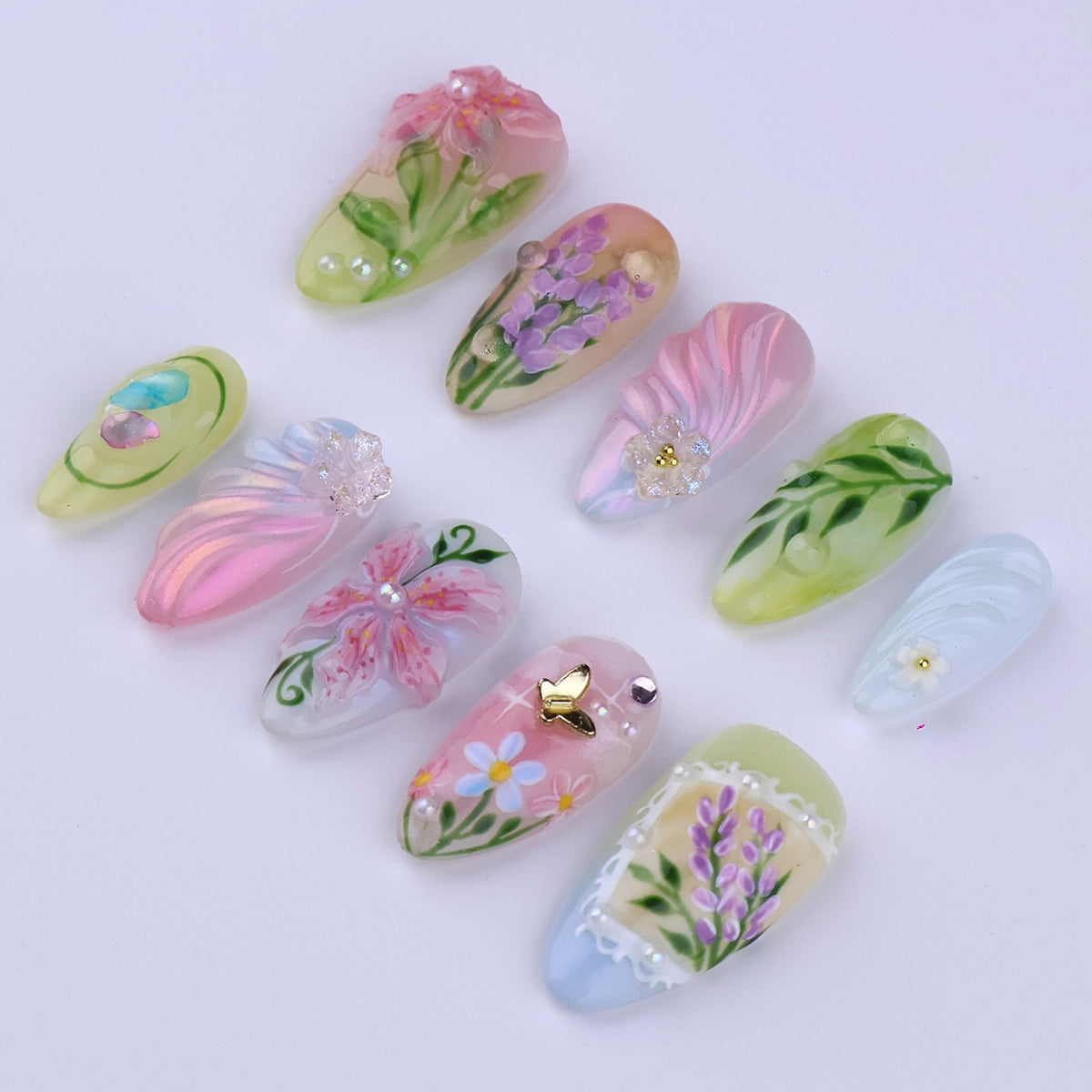 Pastel Spring Garden Floral Press On Nails with Butterfly Charm