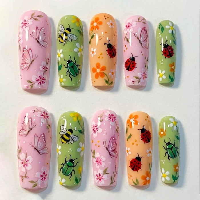 Pastel Spring Garden Press On Nails With Flowers, Butterflies, Bees, Beetles, and Ladybugs