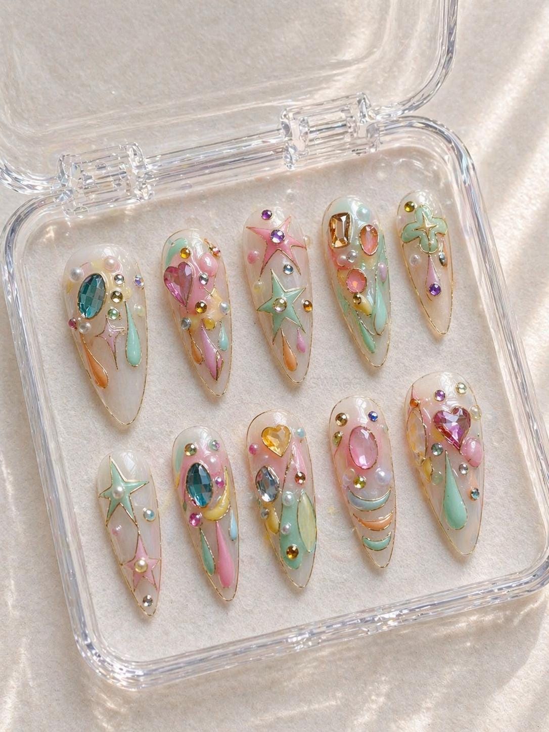 Pastel Stained Glass Press On Nails with Gold Framing, Stars and Jewel-Like Details