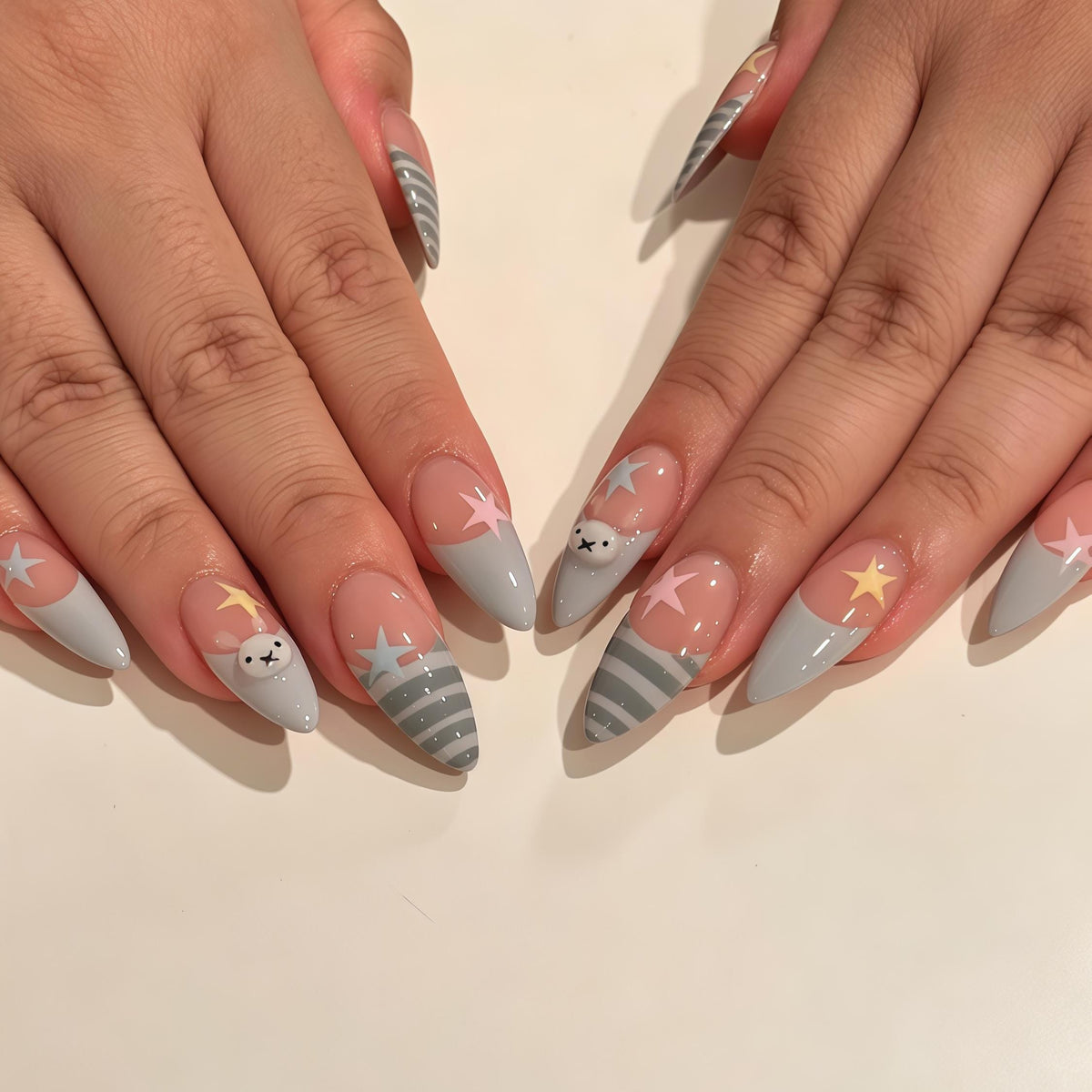 Pastel Star and Bunny Face Nail Set With Gray Striped Tips
