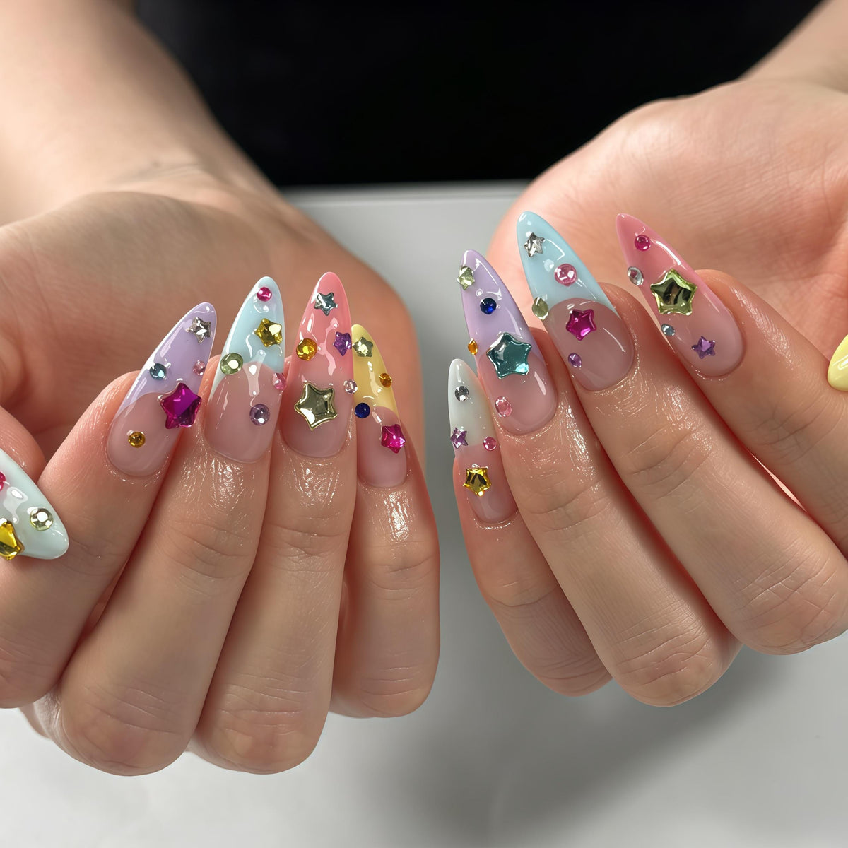 Pastel Star Charm Press-On Nails With Colorful Rhinestones