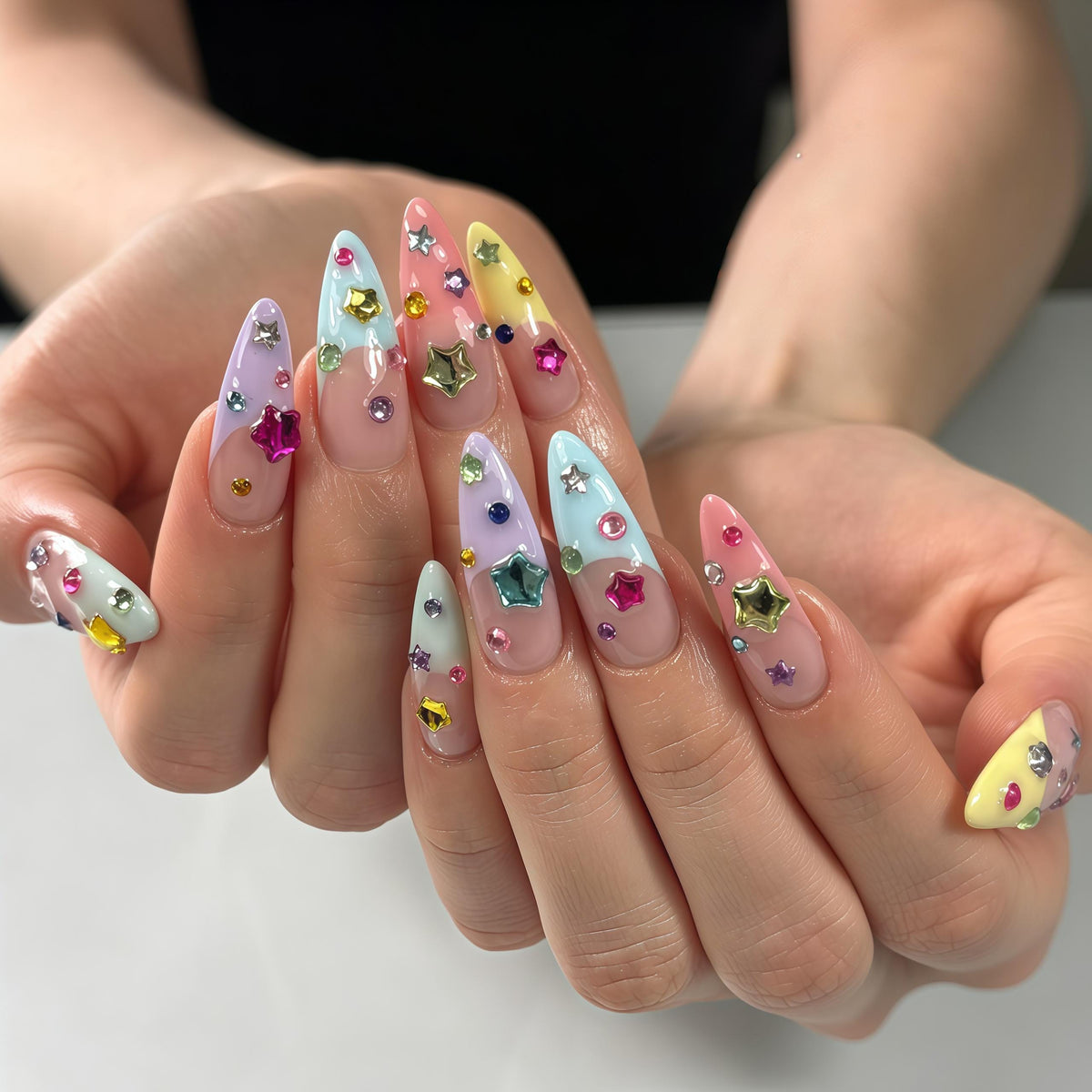 Pastel Star Charm Press-On Nails With Colorful Rhinestones
