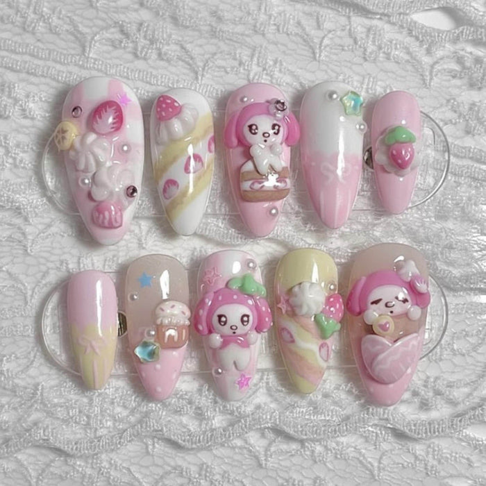 Pastel Strawberry and Cupcake Press On Nails with 3D Characters and Swirls