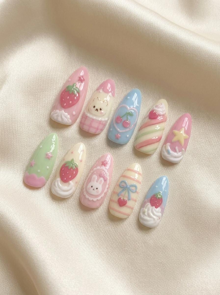 Pastel Strawberry Bunny Press On Nails With 3D Fruit, Bows and Whipped Cream