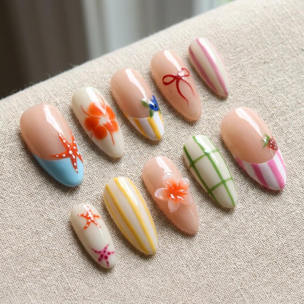 Pastel Stripe Summer Nails With Flowers, Starfish, Bow and Strawberry