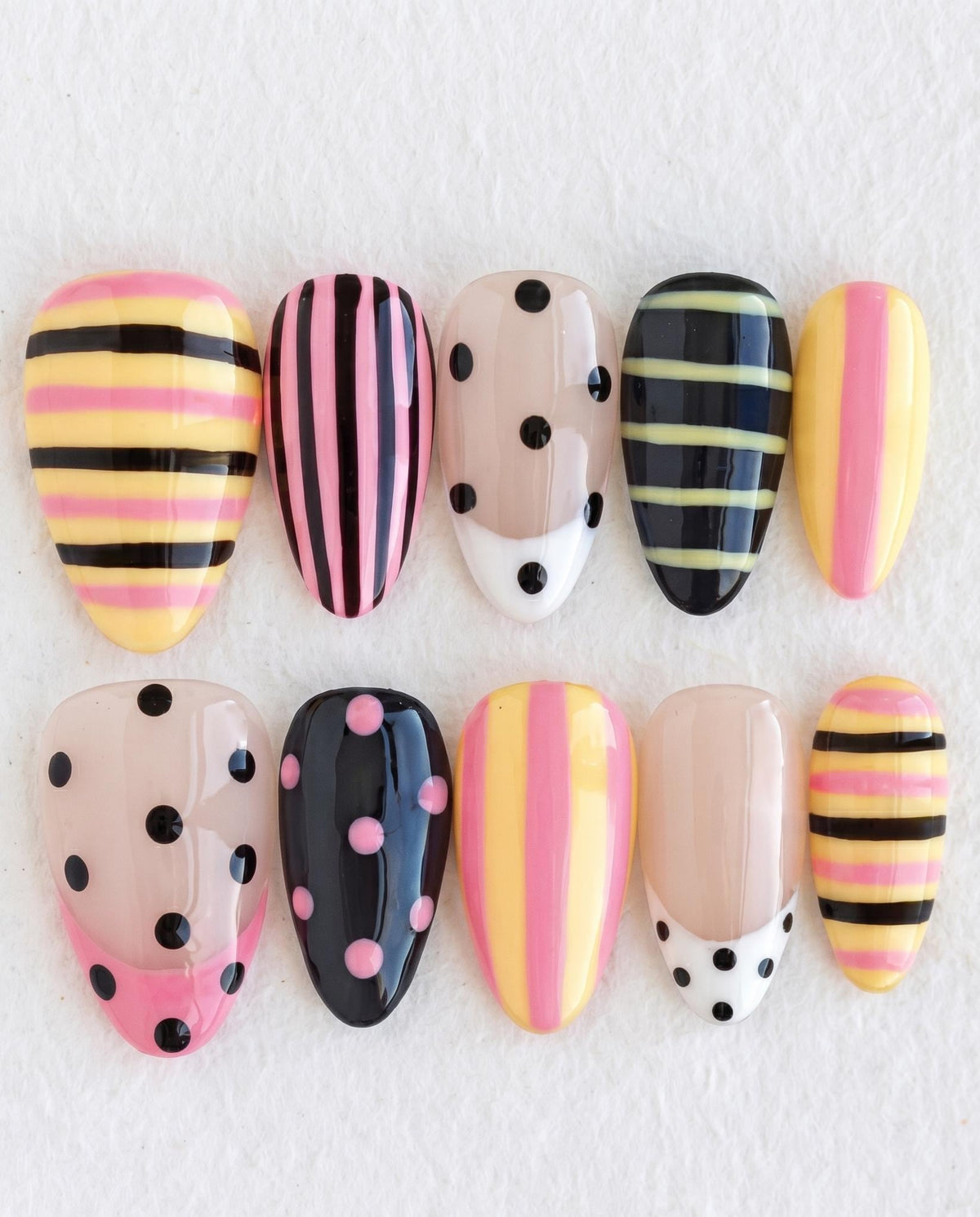 Pastel Striped and Polka Dot Press On Nails with Raised Dots