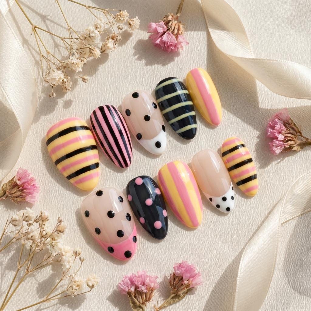 Pastel Striped and Polka Dot Press On Nails with Raised Dots