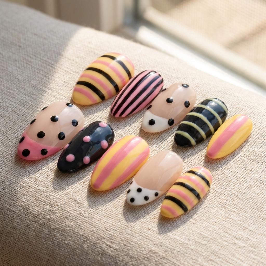 Pastel Striped and Polka Dot Press On Nails with Raised Dots