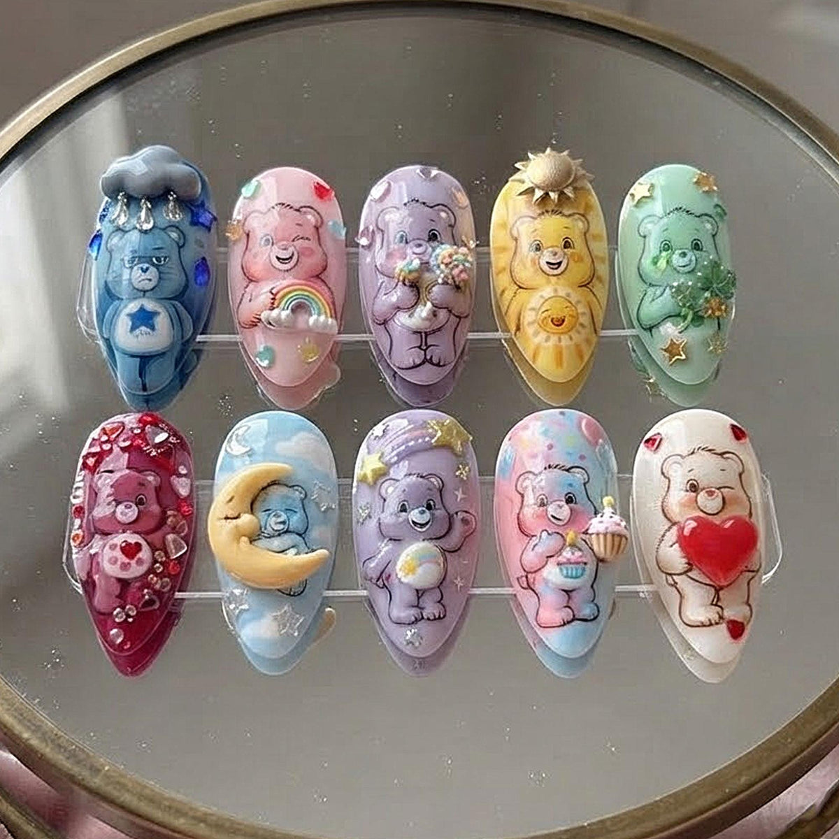 Pastel Teddy Bear Press On Nails With Rainbows, Clouds, Moon and Stars