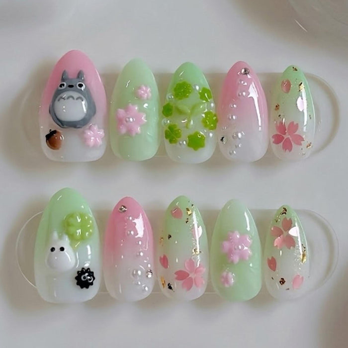 Pastel Totoro Cherry Blossom Press On Nail Set in Pink, Mint Green, and Milky White