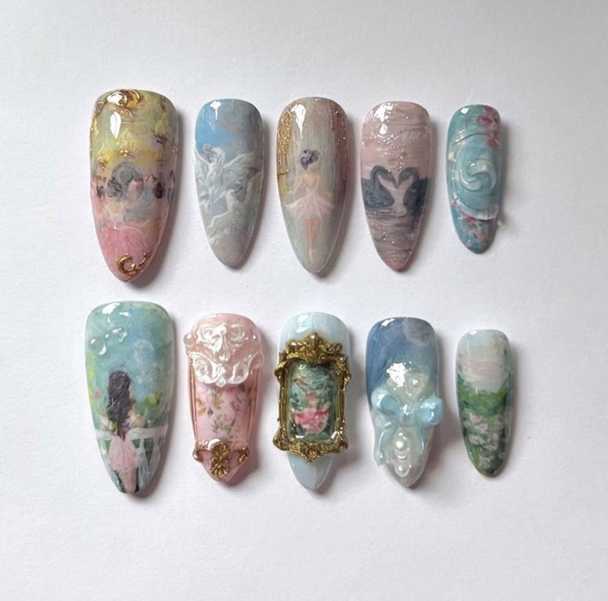 Pastel Vintage Ballet Fine Art Press On Nails With Swan Motifs and Ornate Gold Frame
