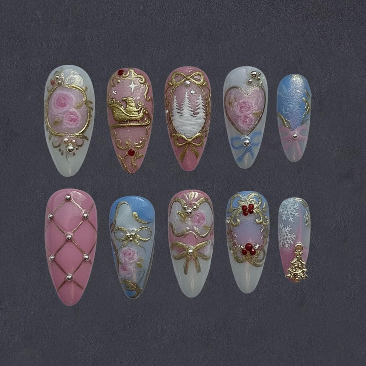 Pastel Winter Fairytale Press-On Nails with Gold Roses, Bows and Sleigh Charm