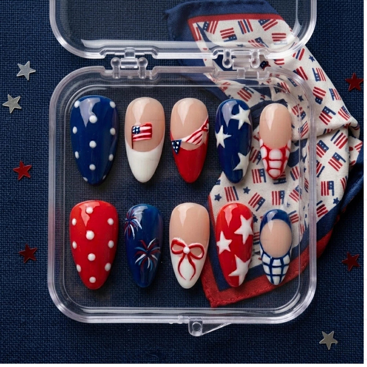 Patriotic 4th of July Nails with 3D Stars, Flags, and Fireworks