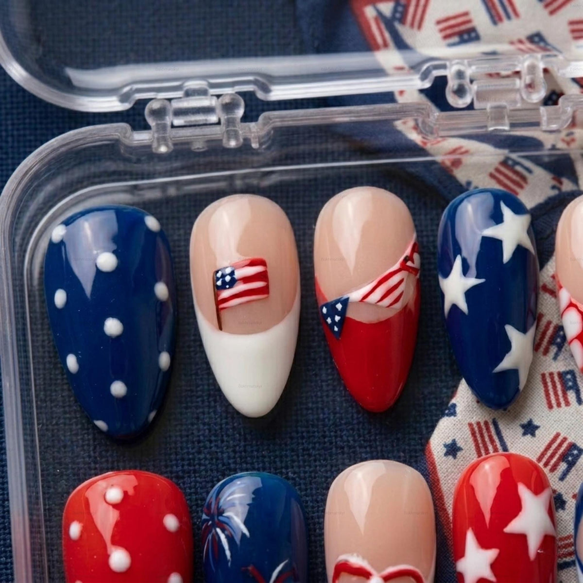 Patriotic 4th of July Nails with 3D Stars, Flags, and Fireworks