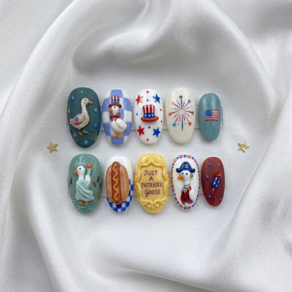 Patriotic Goose Press On Nail Set With 3D Details for Independence Day