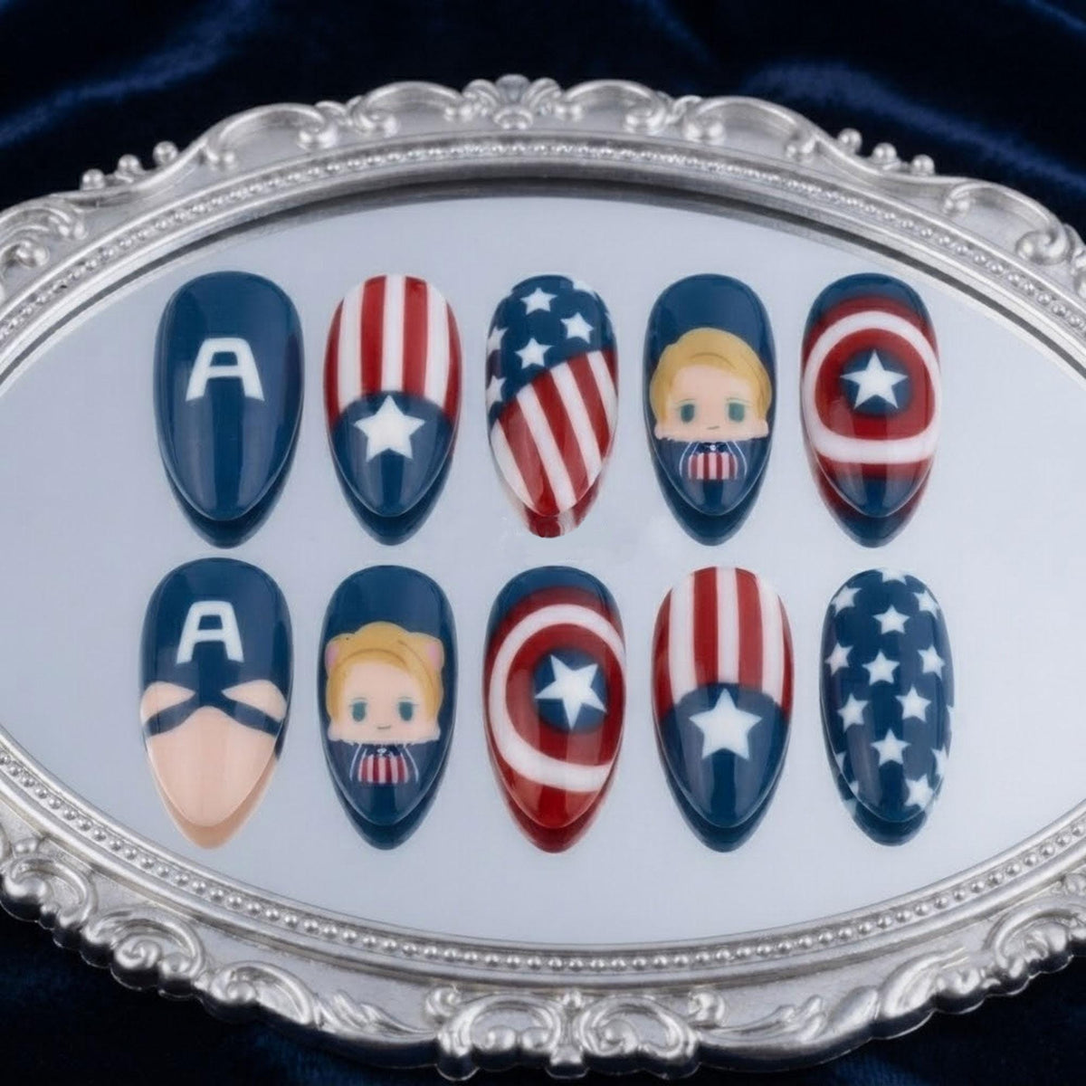 Patriotic Superhero Shield Press-On Nail Set in Red, White, and Navy