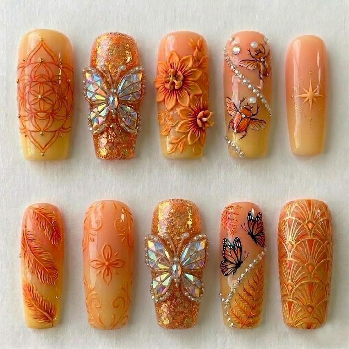 Peach, Orange & Amber Summer-to-Fall Butterfly Floral Glitter Nail Set