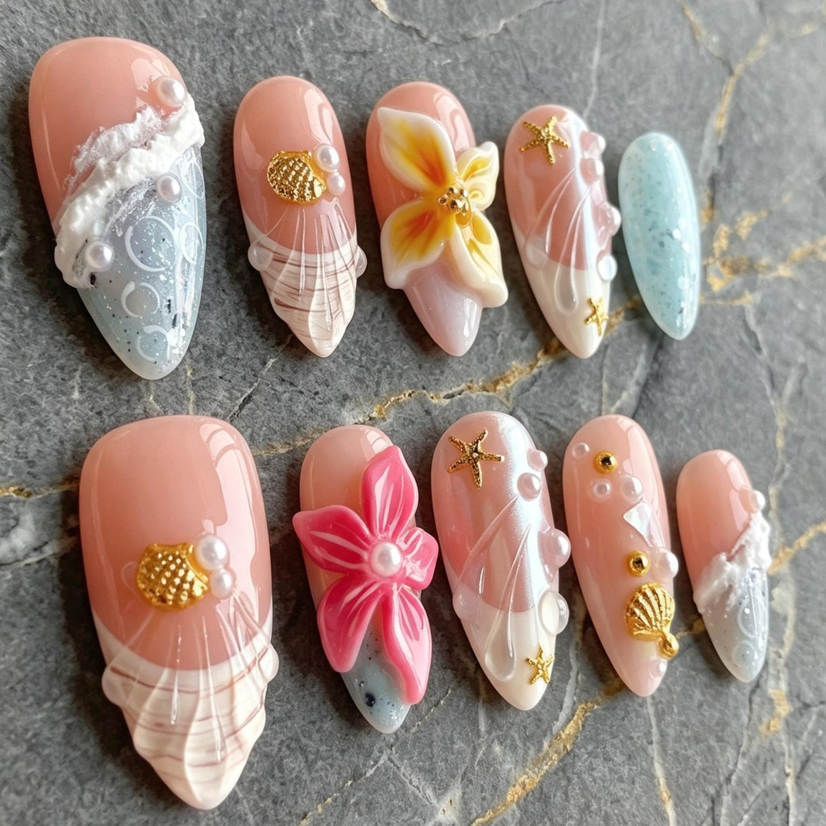 Peach Pink Beach Nails With 3D Flowers, Gold Starfish, Shells and Pearls