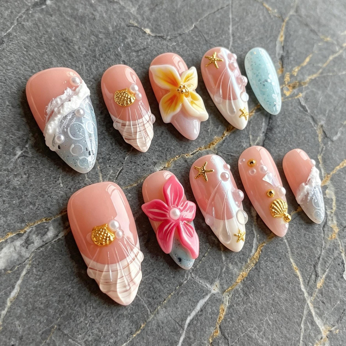 Peach Pink Beach Nails With 3D Flowers, Gold Starfish, Shells and Pearls