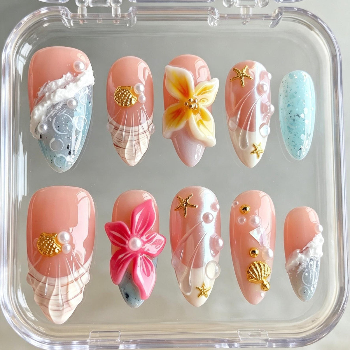 Peach Pink Beach Nails With 3D Flowers, Gold Starfish, Shells and Pearls
