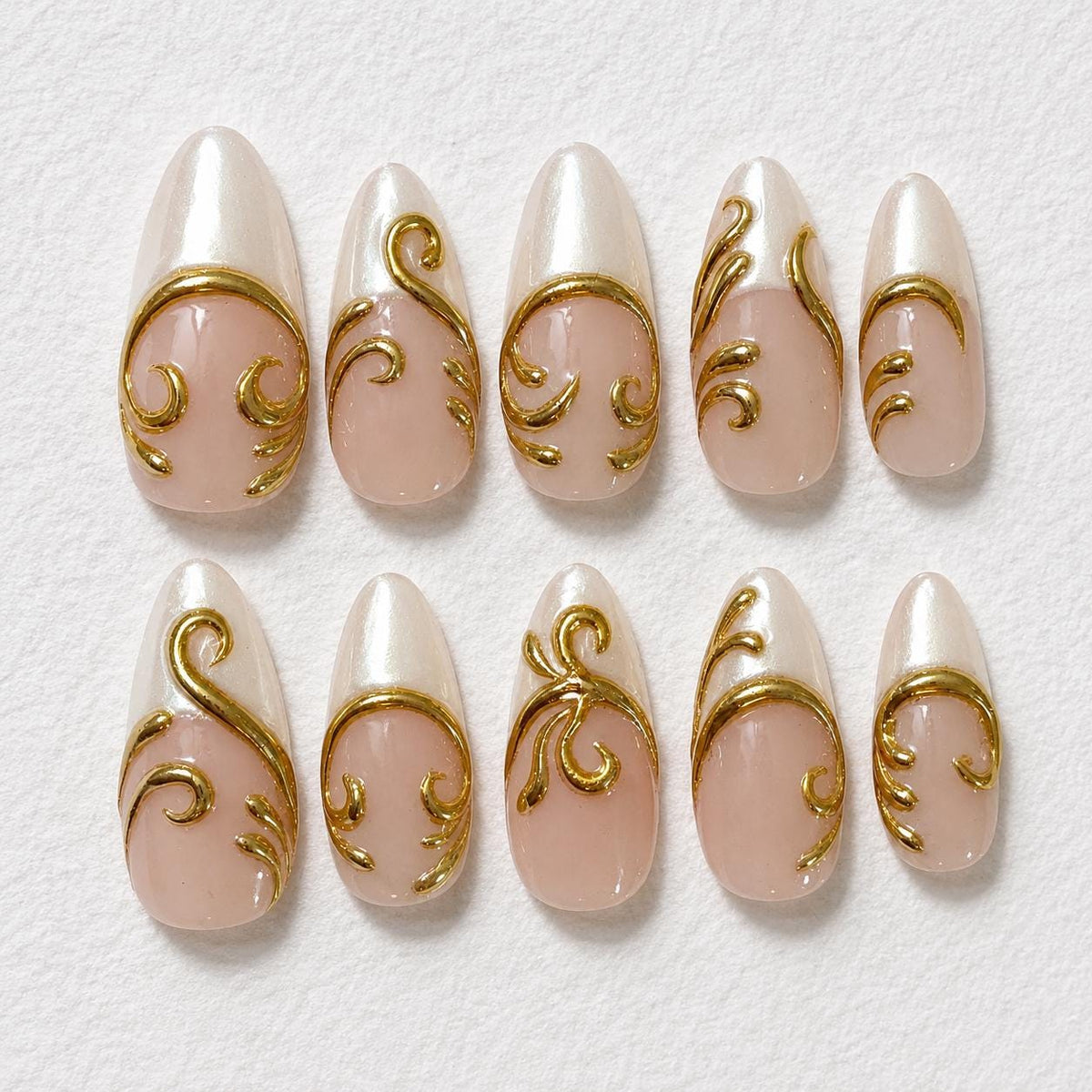 Pearl French Tip Press On Nails With Raised Gold Scrollwork