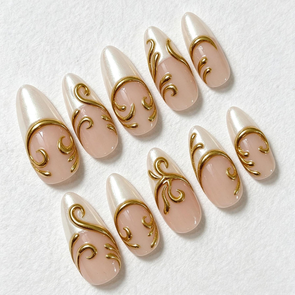 Pearl French Tip Press On Nails With Raised Gold Scrollwork